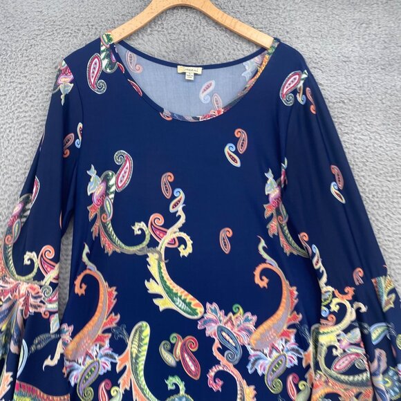 Haani Dress Womens Large Navy Multi Paisley Shift Bell Sleeve Jersey Knit Mini - Picture 2 of 9